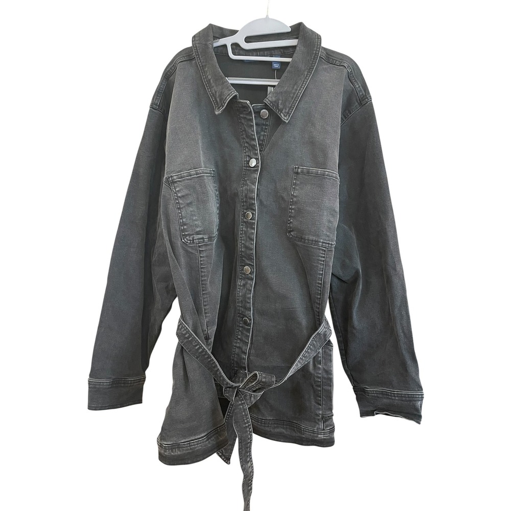Isaac Mizrahi Live Womens 4X Washed Black Belted Denim Jacket Stretch Utility